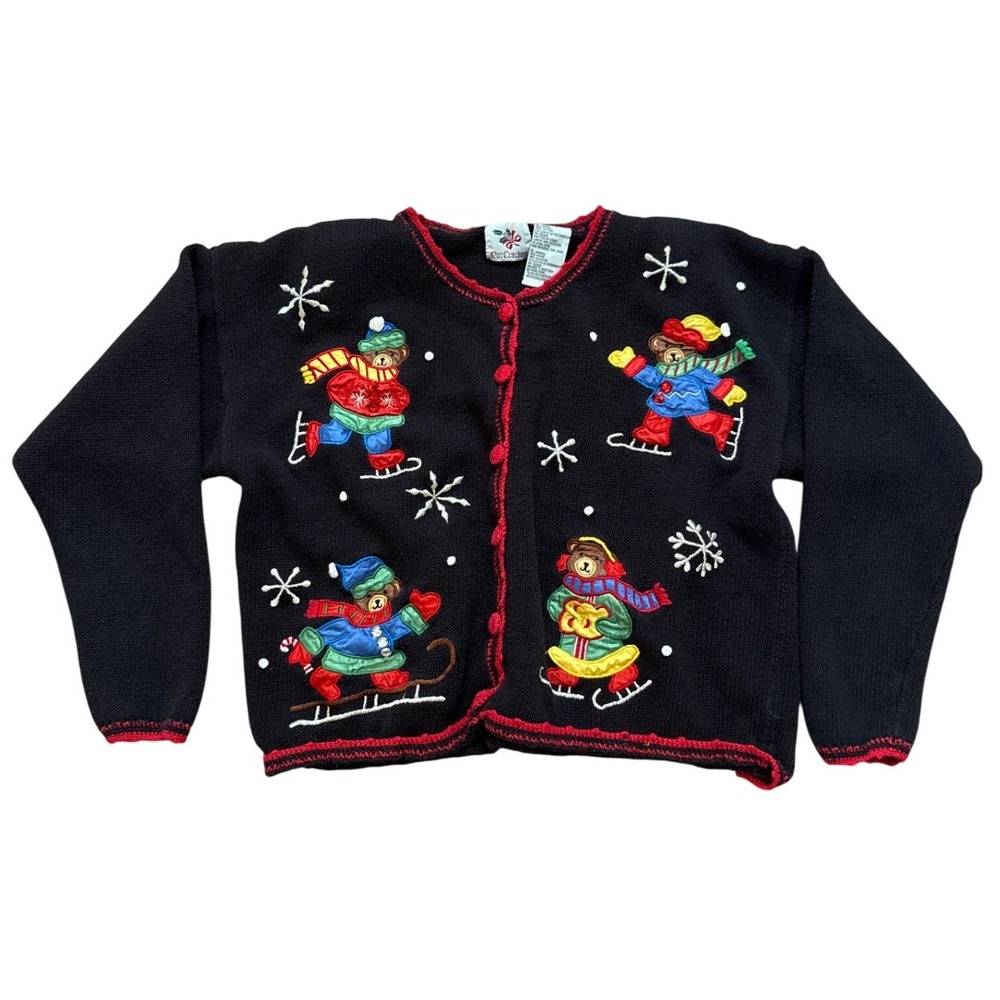 NutCracker Cardigan Sweater Womens Black Excellent Holiday Bear Vintage‎ SIZE L